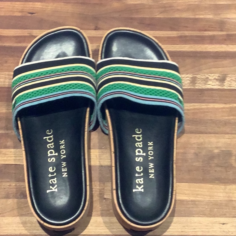 Kate Spade Kids' Slide Sandals - Black with Green and Yellow Stripes